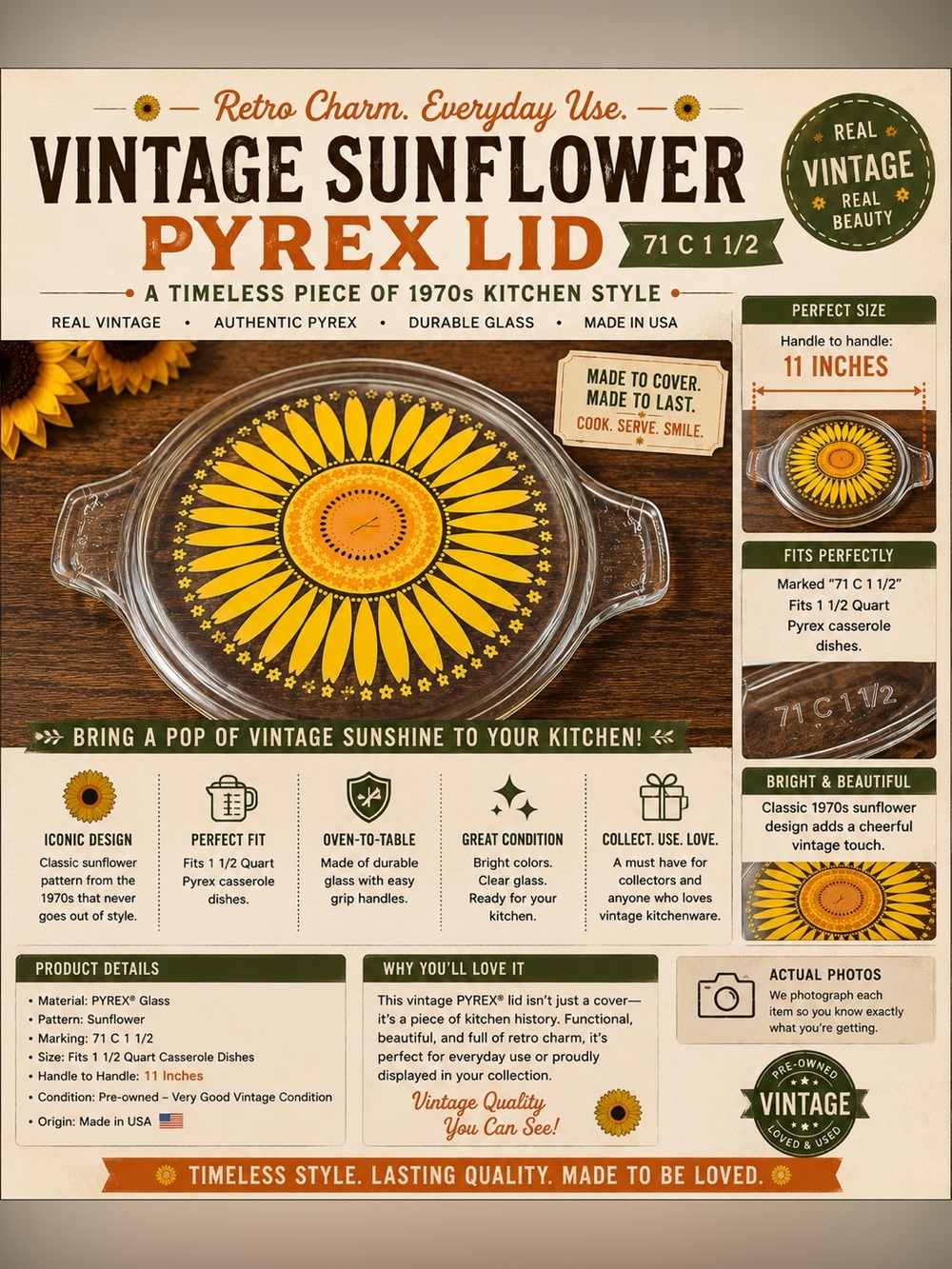 Pyrex Yellow Sunflower Glass Lid - Retro Bakeware Accent